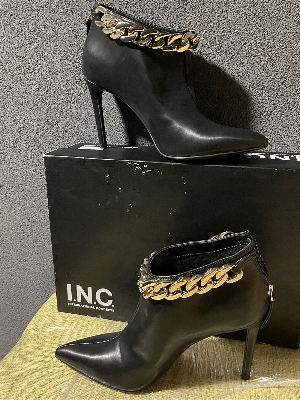 INC International Concepts Black Pointed Toe Ankle Booties with Gold Chain